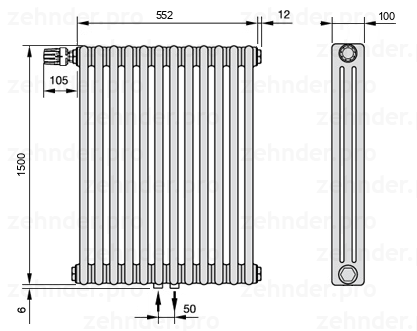 Схема (чертеж) Радиатор Zehnder Charleston 3150/12 №V007 Белый глянцевый RAL 9016